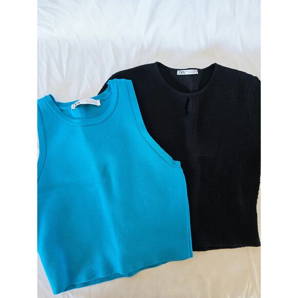 Zara Tops - Zara Cropped Basics Bundle | Black Short Sleeve + Blue Sleeveless Top M